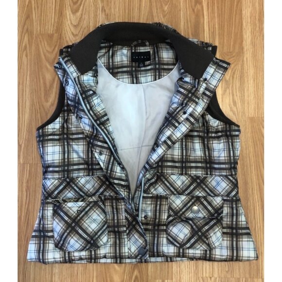 Tribal Plaid Sleeveless Puffer Vest Size 14 Snap Front Pockets Brown Beige Blue - Picture 2 of 7